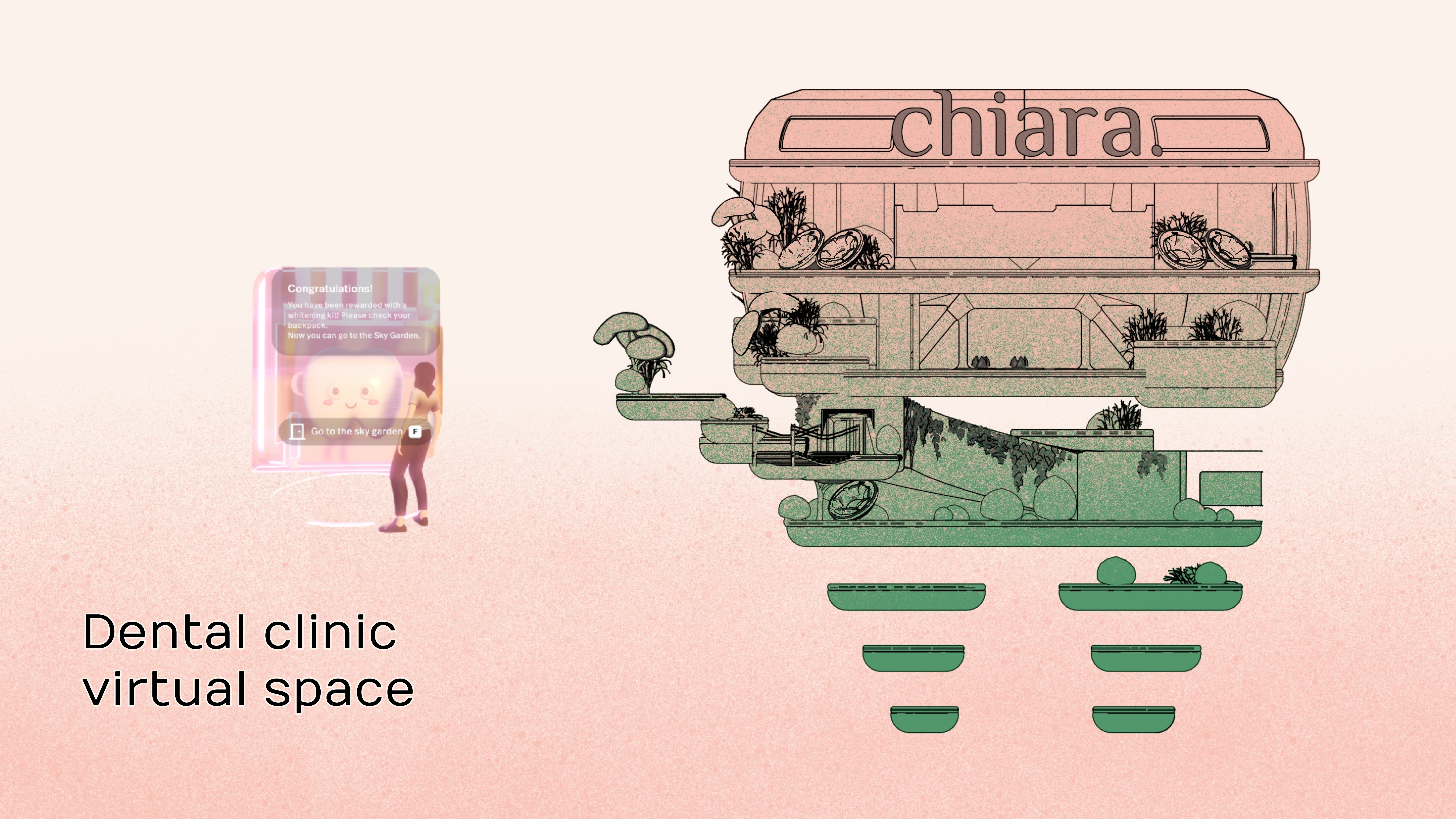 A rendered view inside the Chiara virtual clinic: stacked curved terraces with trees, a lotus pond and warm light