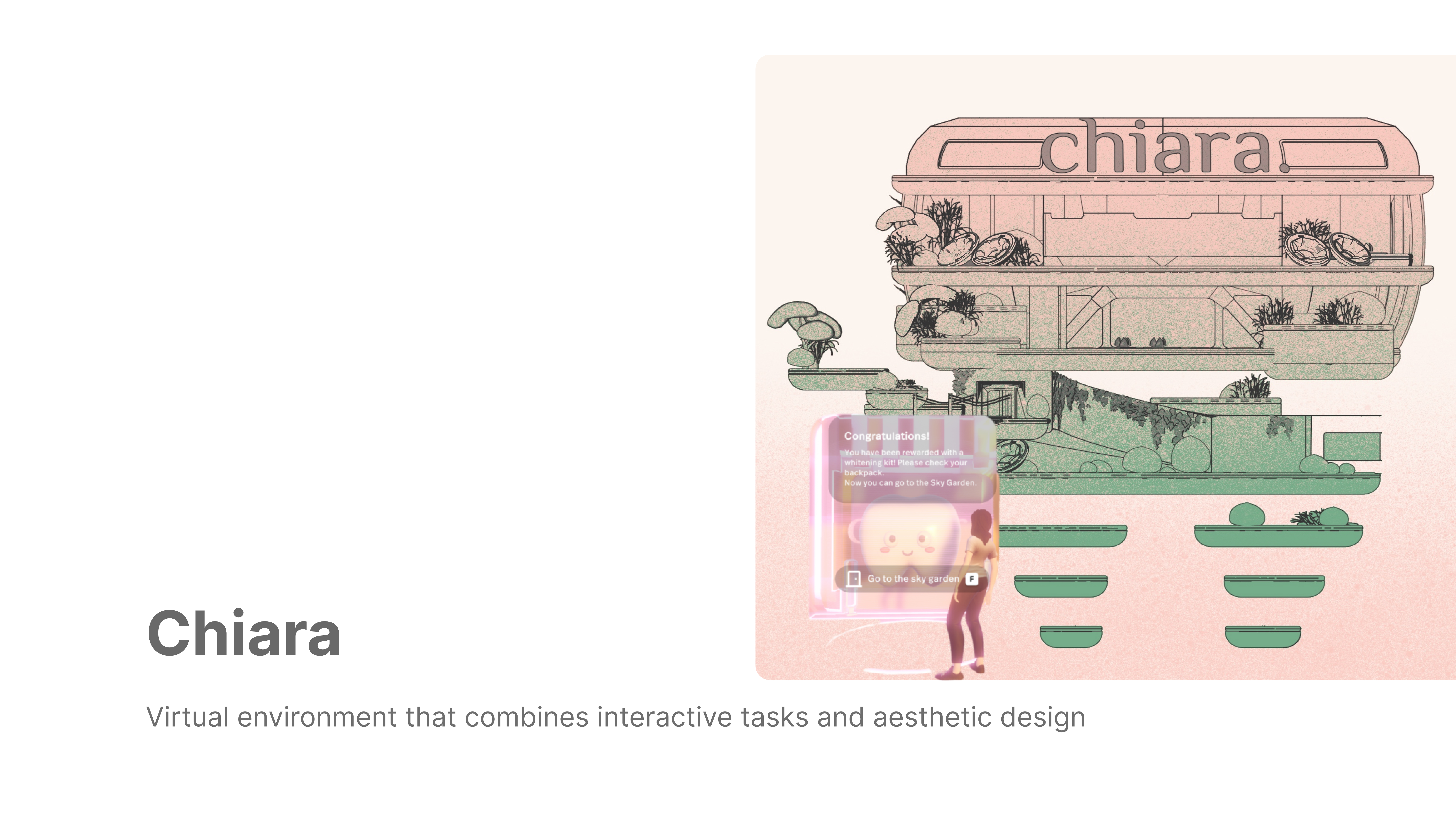 Chiara, a cutaway illustration of the tooth-shaped virtual building in pink and green