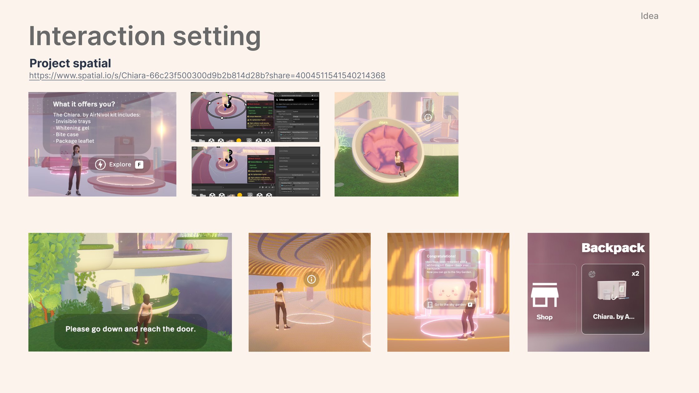 Interaction setting board: in-world prompts, the explore panel, wayfinding instructions and the backpack inventory holding collected Chiara products