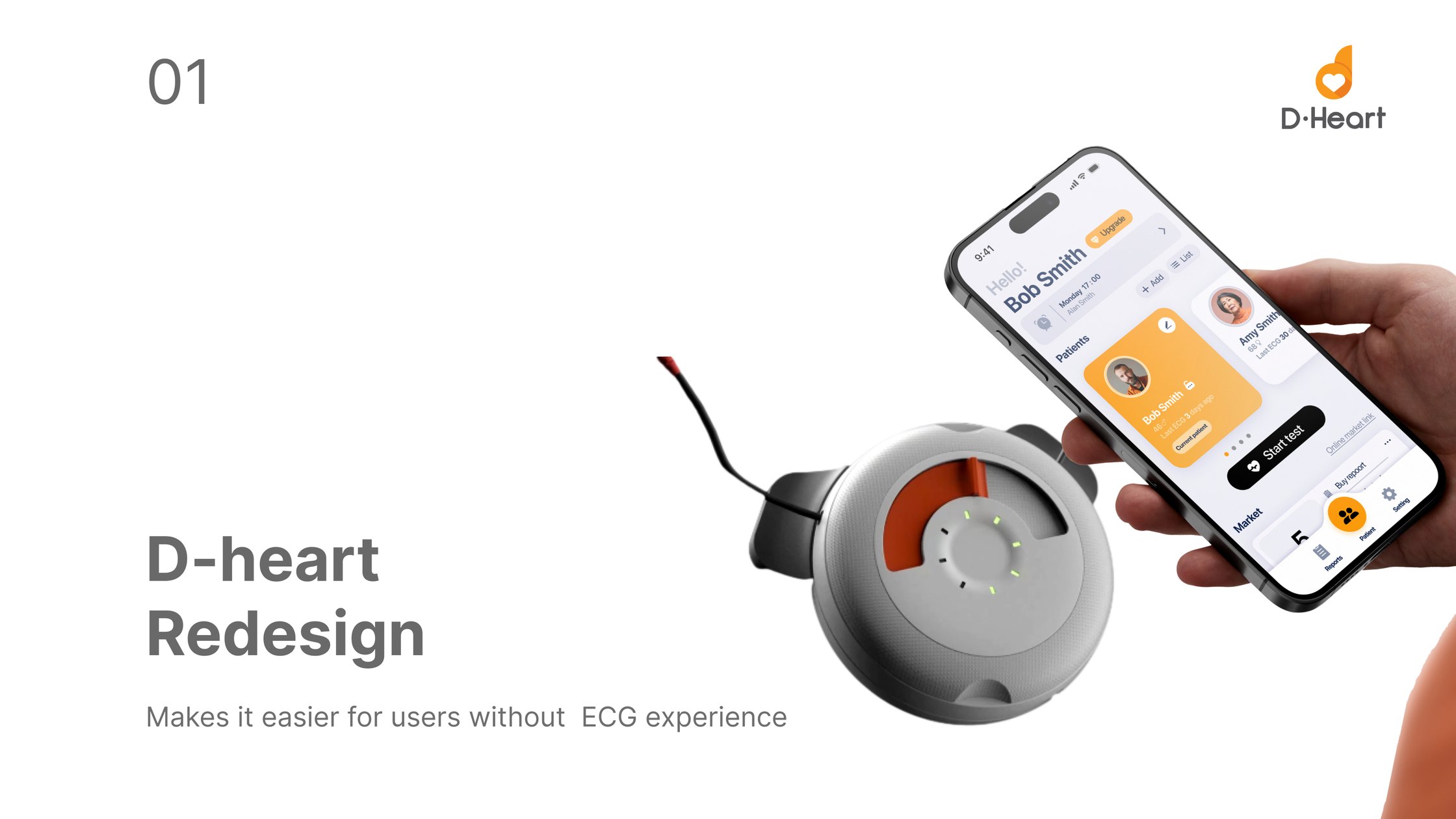 D-heart Redesign: the portable ECG device beside the redesigned app, held in one hand