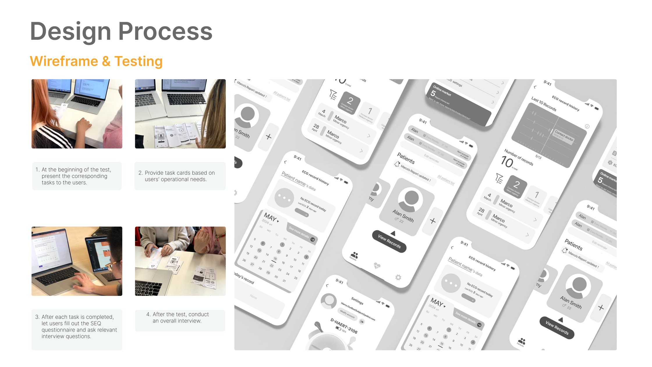 Design process board: wireframe and testing sessions alongside the wireframe set