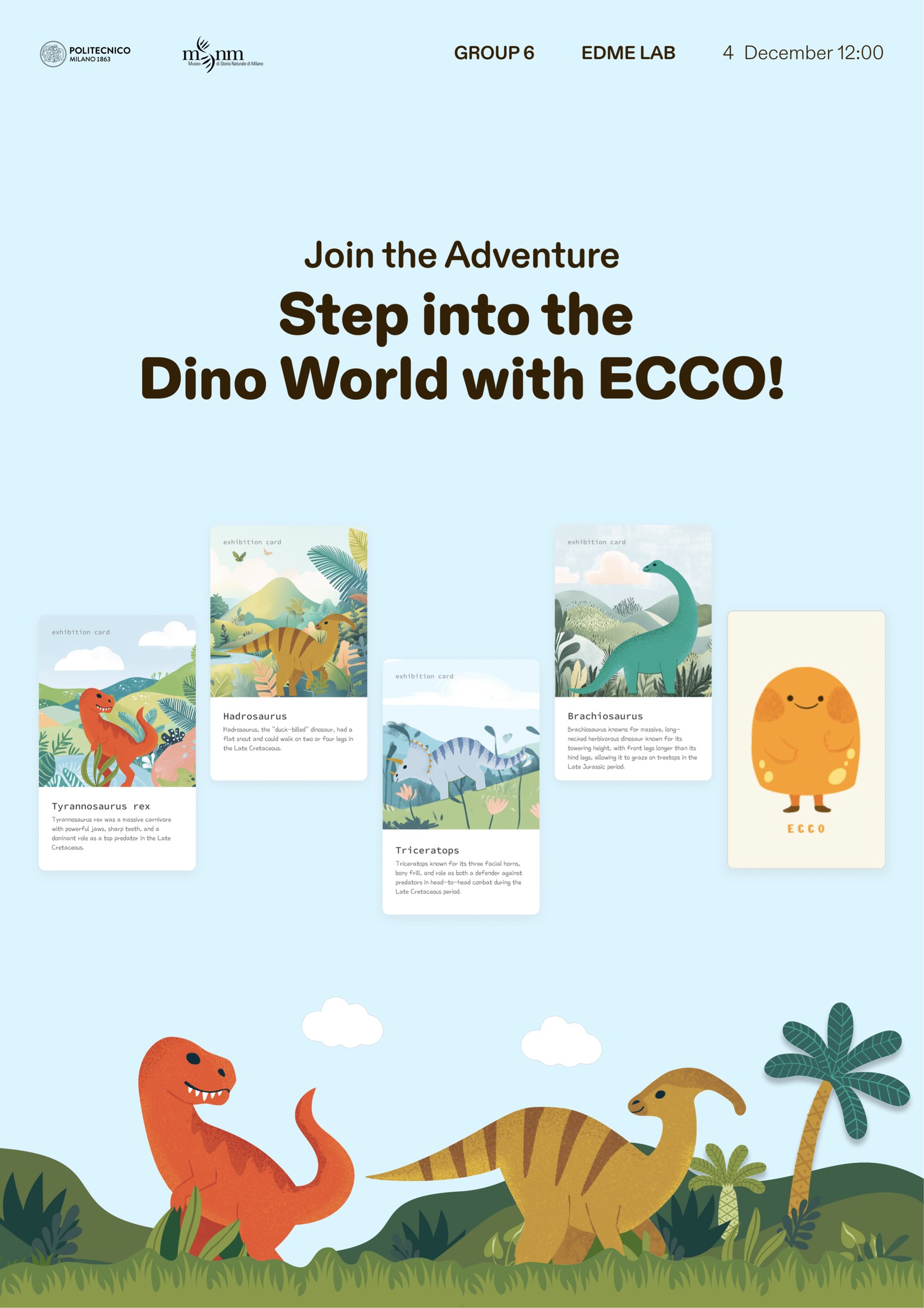 Exhibition poster showing the four NFC character cards, Tyrannosaurus rex, Hadrosaurus, Triceratops and Brachiosaurus, each with an illustrated scene and a short description, alongside the Ecco character