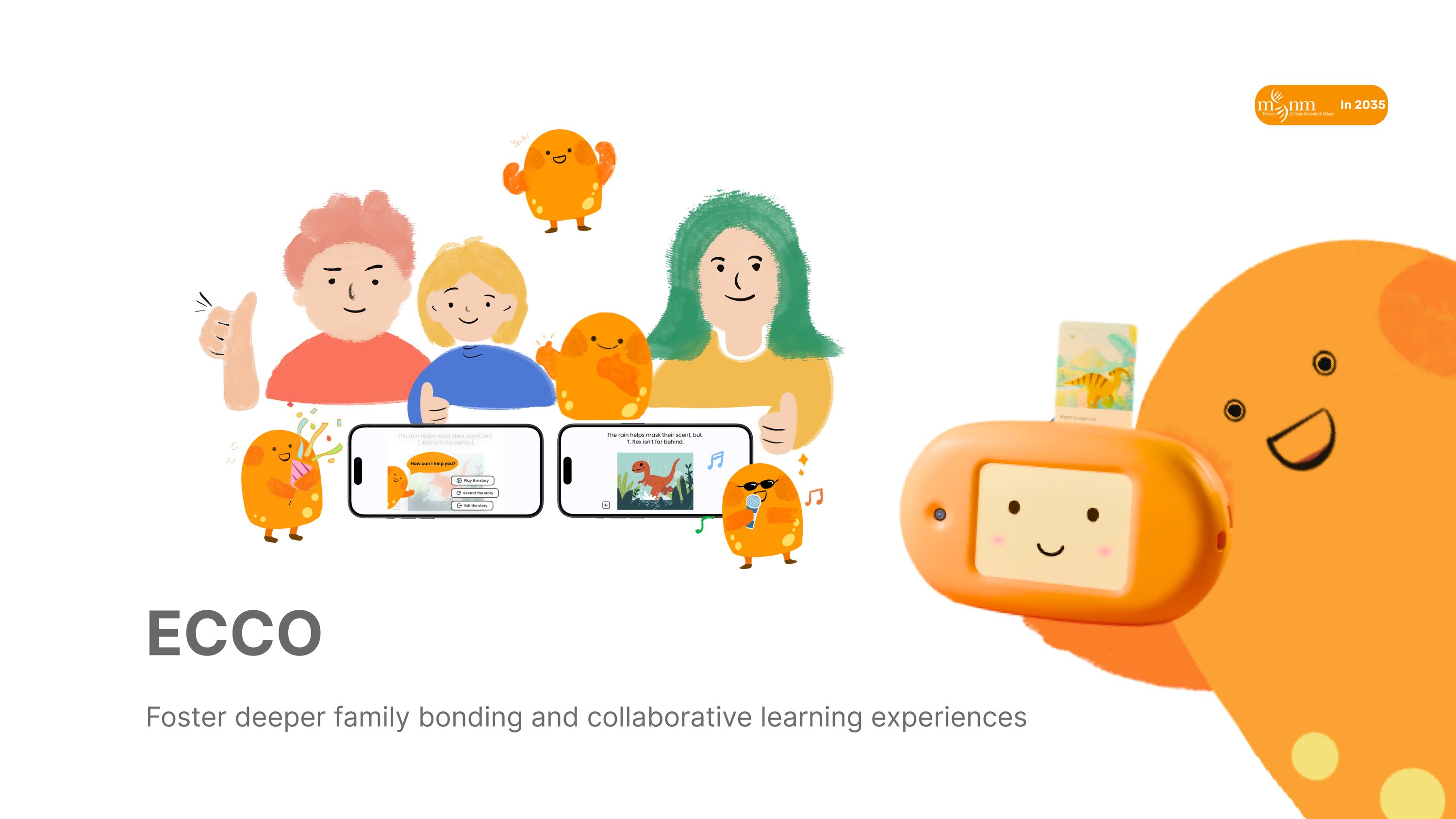 Ecco, a friendly orange handheld companion device with a screen, shown with its mascot illustration