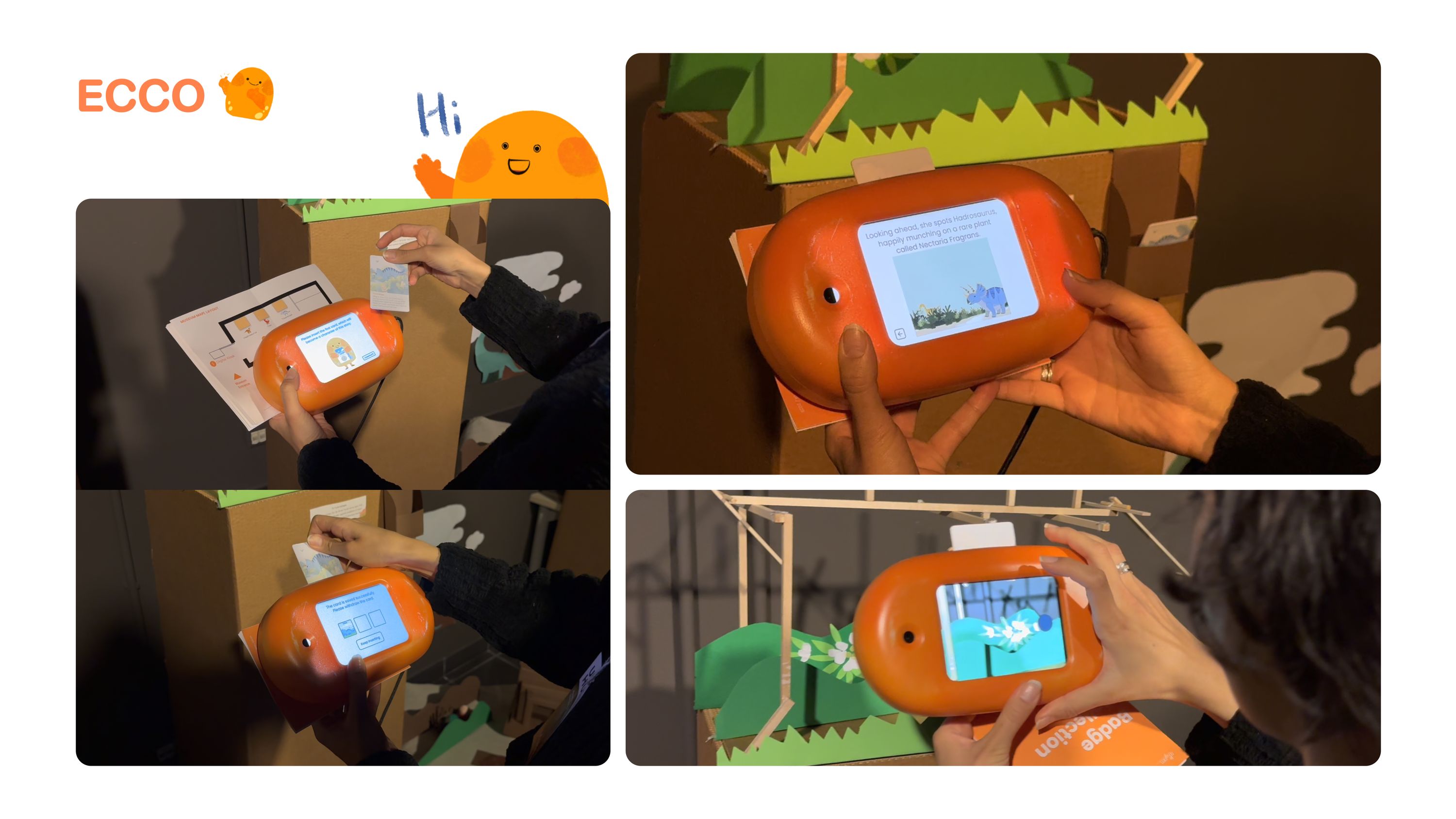 Photographs of Ecco in use: hands holding the device, inserting an NFC character card, and the screen showing the story