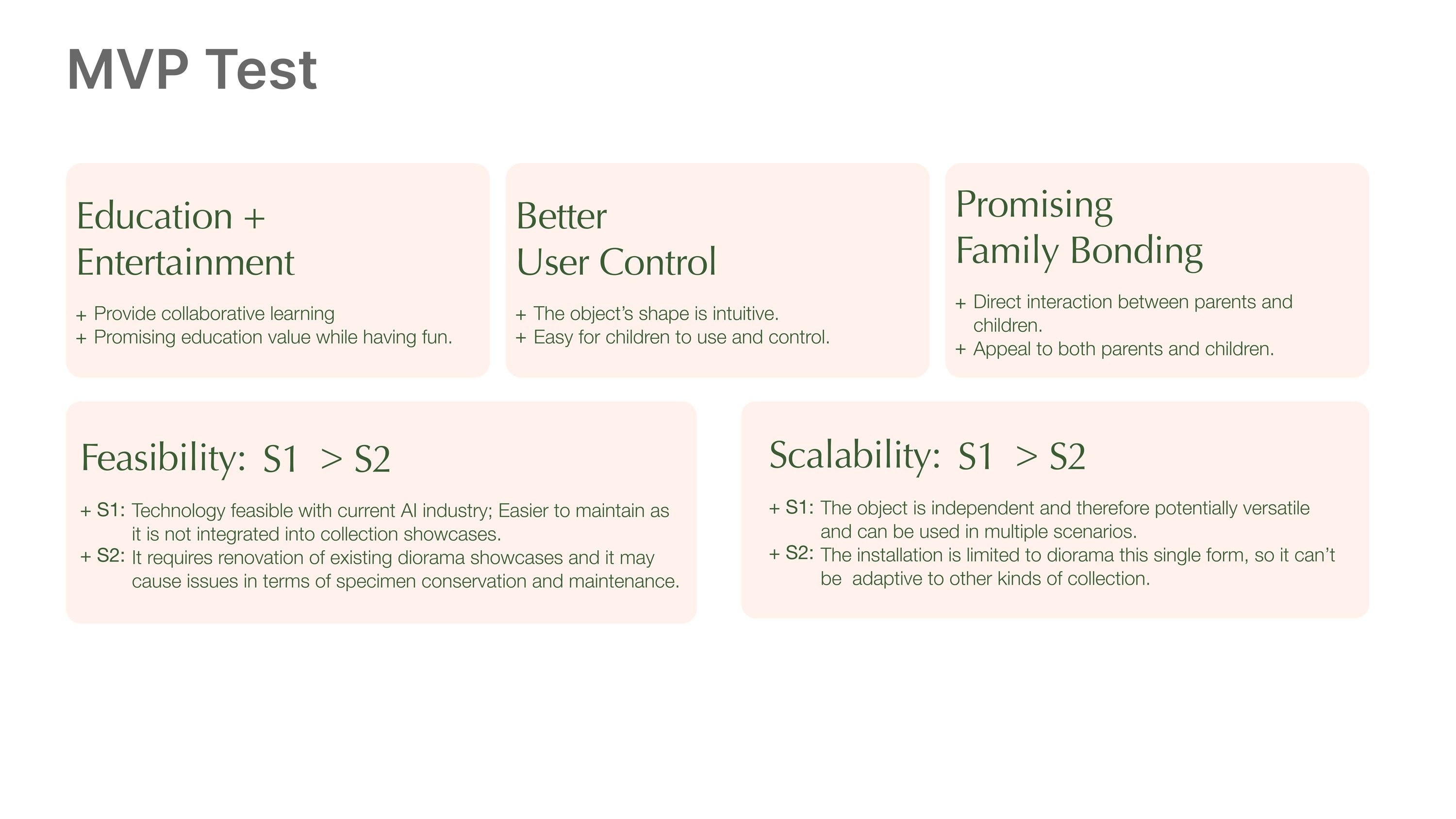 Comparison across education and entertainment, user control, family bonding, feasibility and scalability, with scenario one rated higher on feasibility and scalability