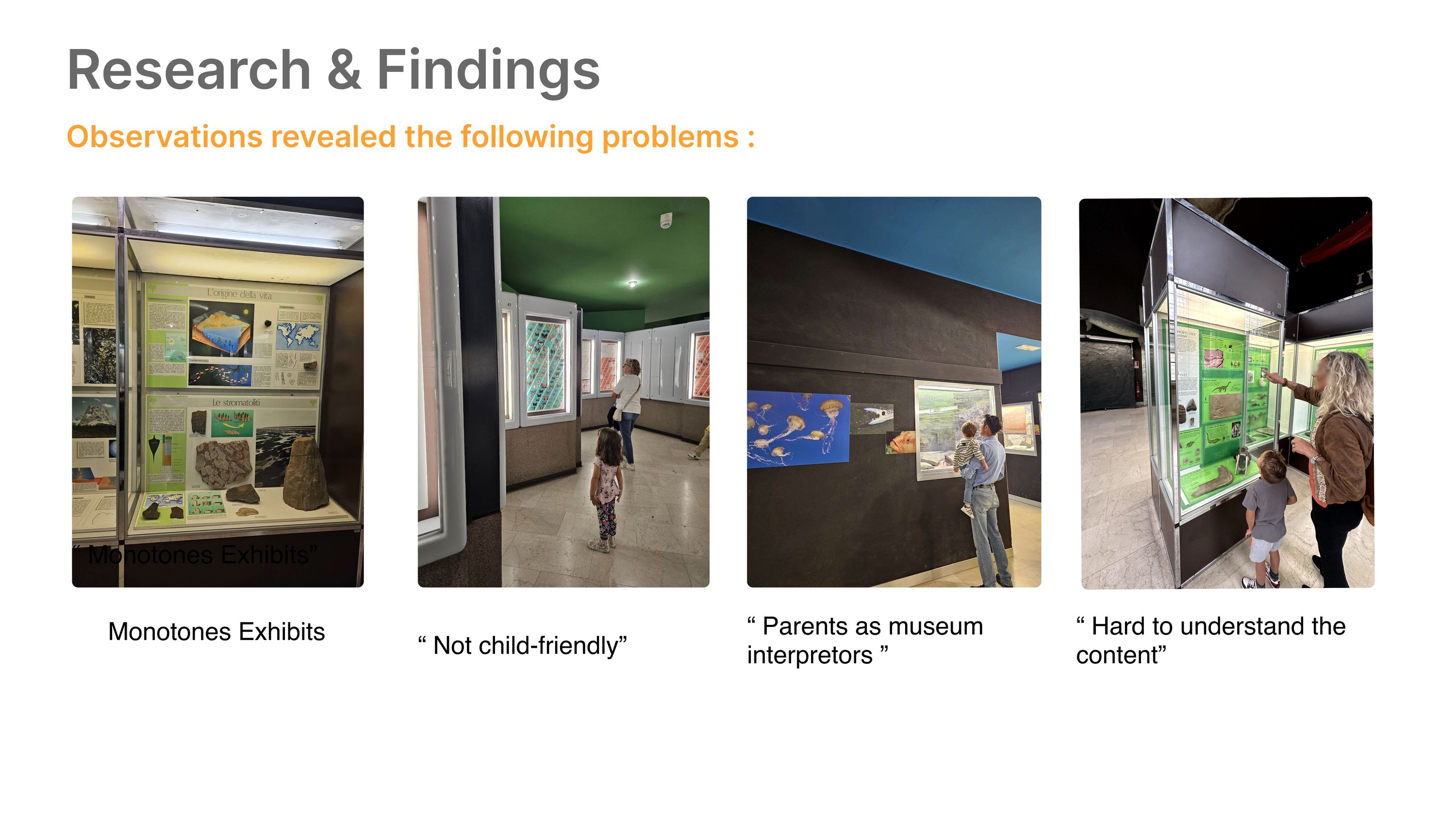 Observation board: four recorded problems illustrated with museum photographs, monotone exhibits, not child-friendly, parents acting as museum interpreters, and content hard to understand
