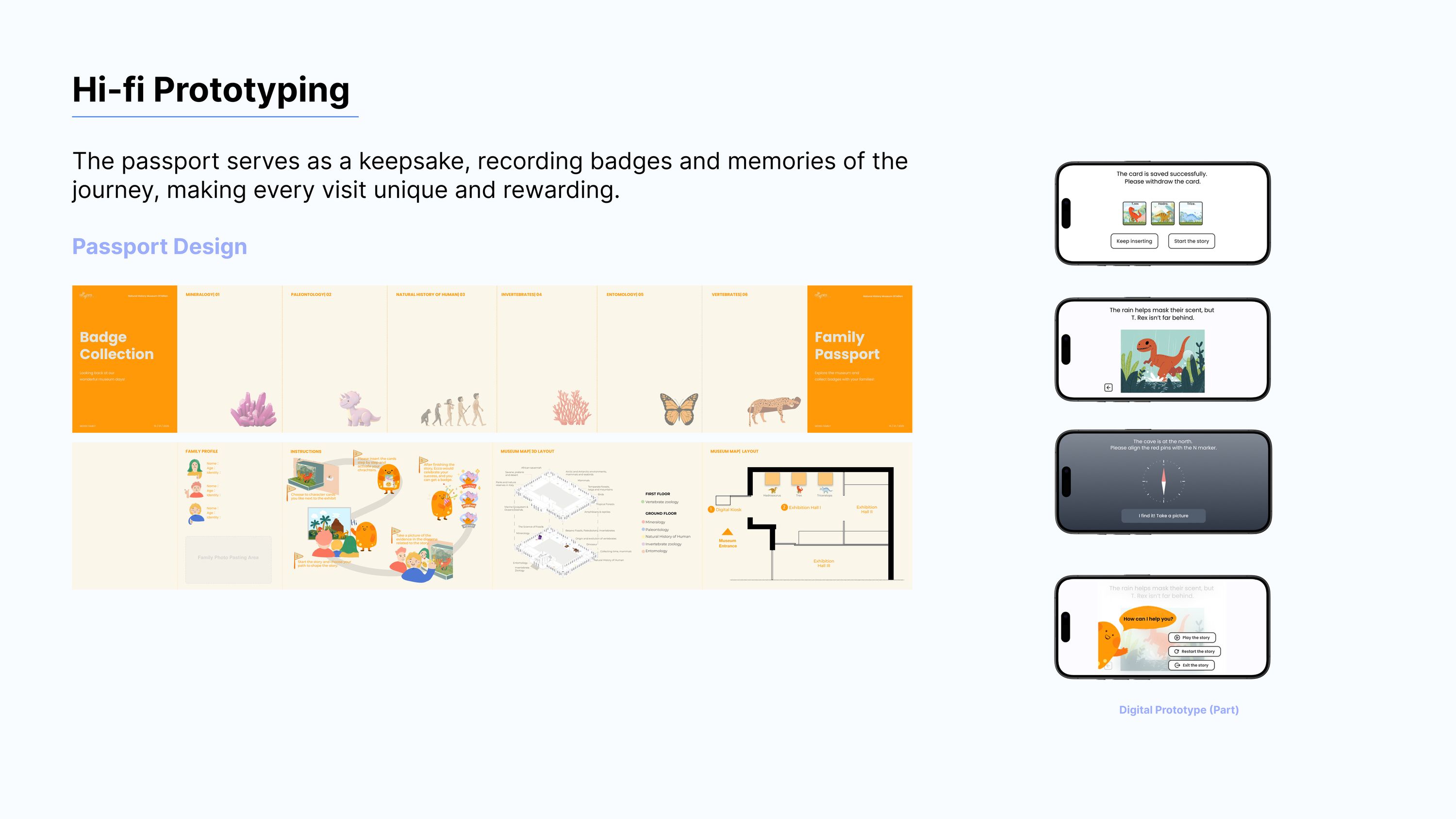 Passport design: badge collection sheet, family passport, museum map and accompanying digital prototype screens