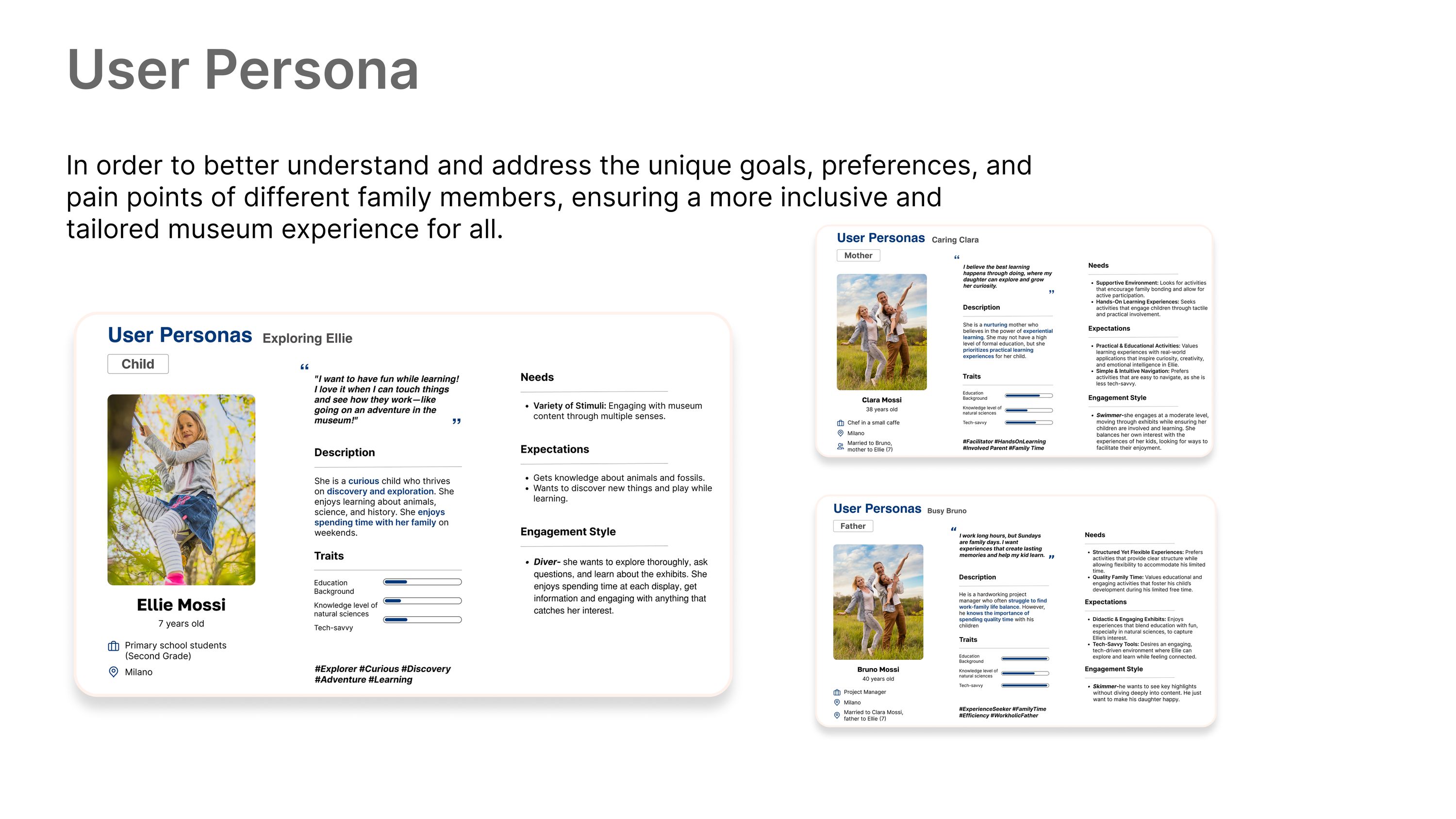 Three user personas: Ellie, a seven-year-old curious child, and her mother and father, each with needs, expectations, traits and engagement style