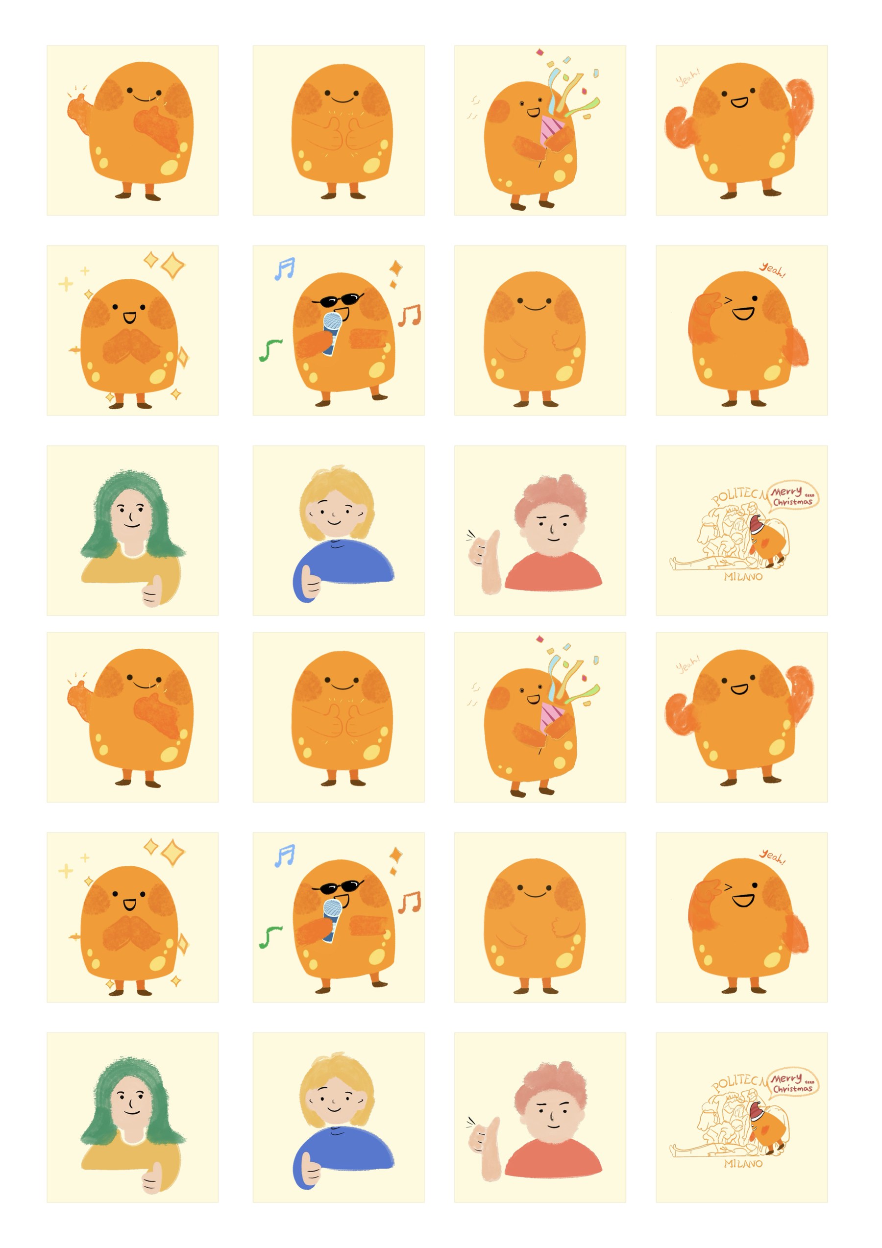 Sticker sheet of the Ecco character in a range of poses, waving, celebrating, singing and cheering, alongside the three family characters