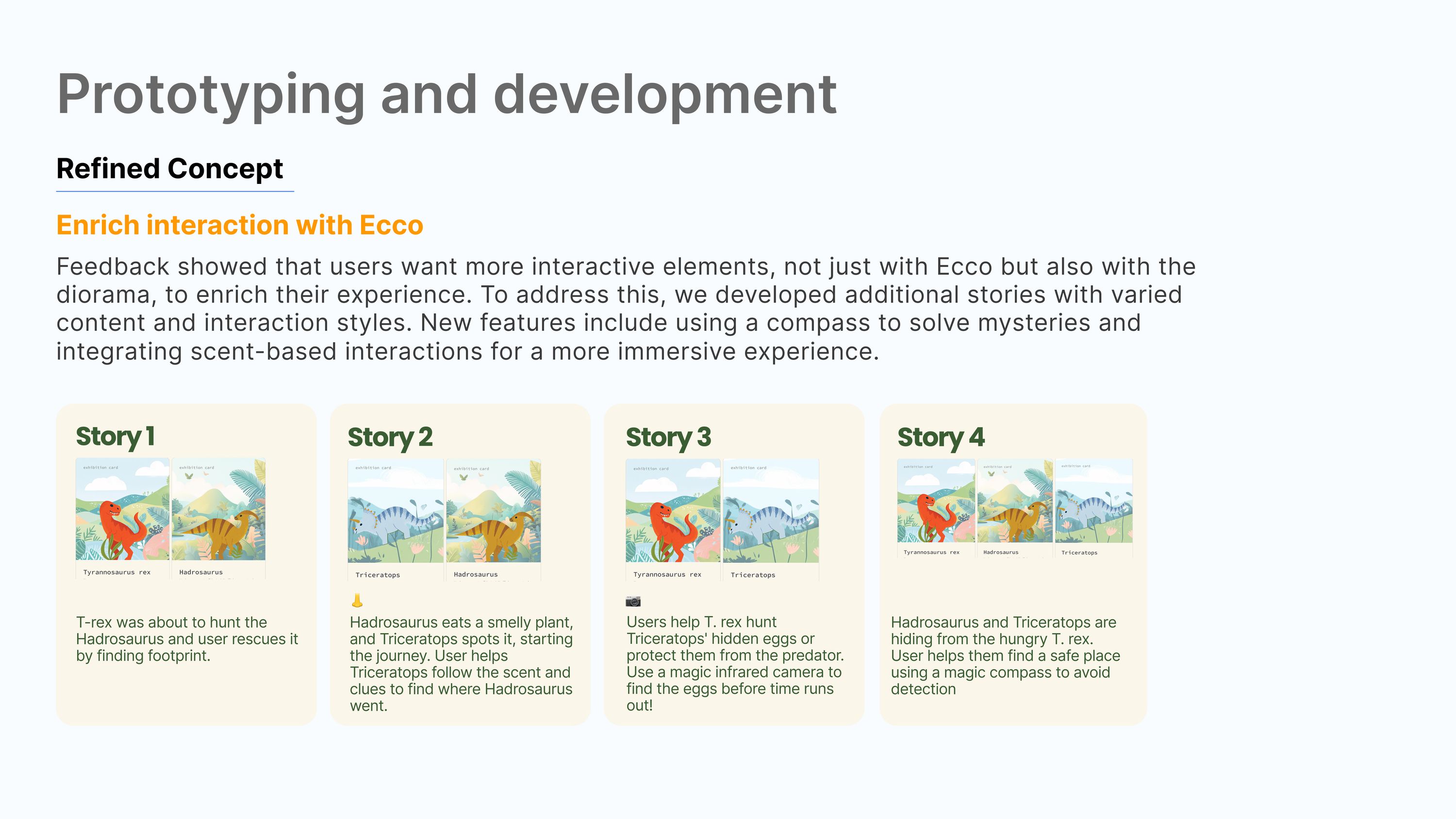 Refined concept with four illustrated dinosaur stories using different content and interaction styles including a compass and scent-based interaction
