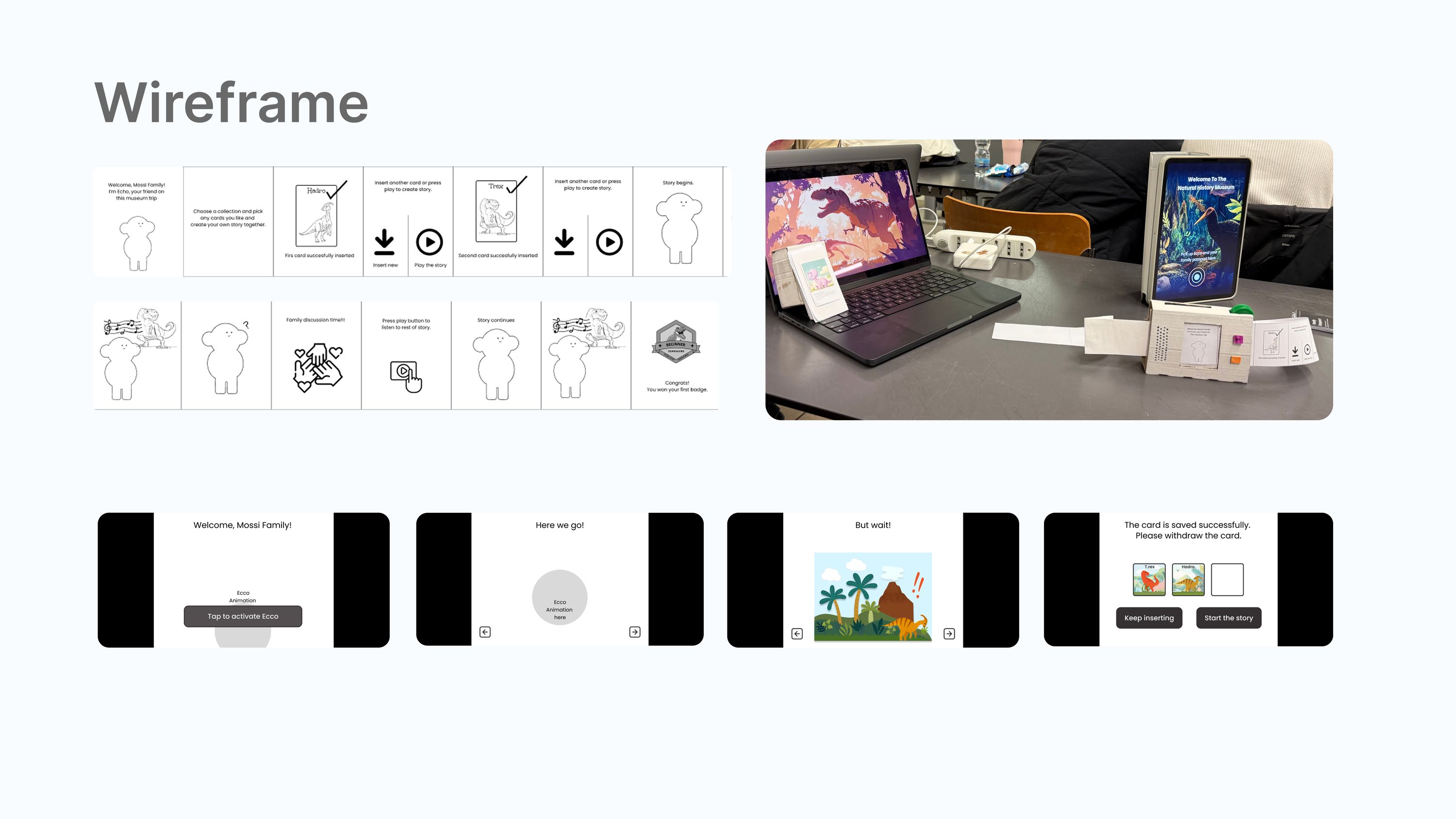 Wireframe set for the companion screens alongside a photograph of the working prototype rig
