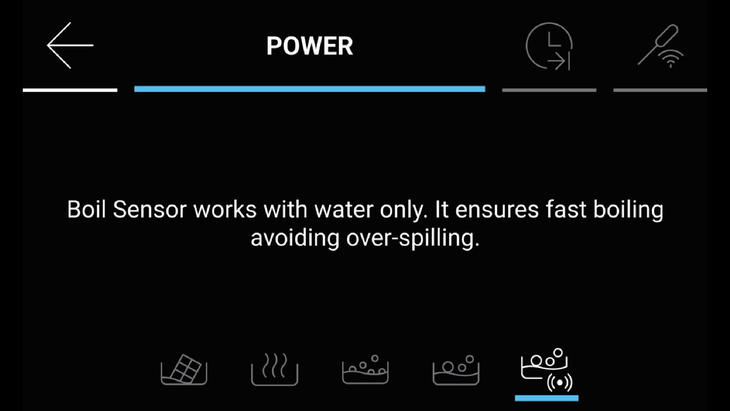 An induction hob screen reading POWER, explaining that the Boil Sensor keeps water boiling without spilling over