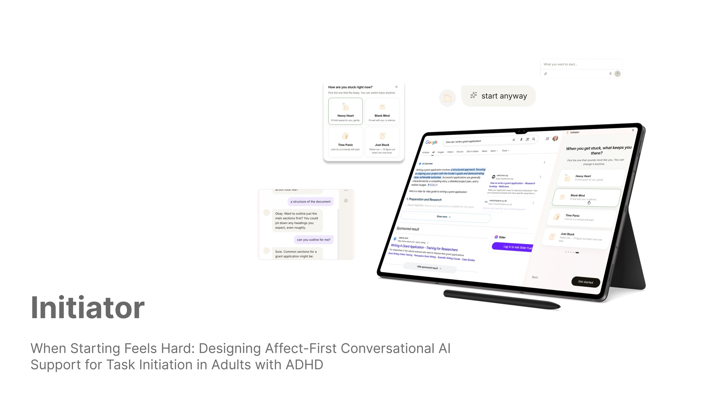 Initiator running as a browser side panel beside a grant-application draft, with the profile picker and chat floating alongside
