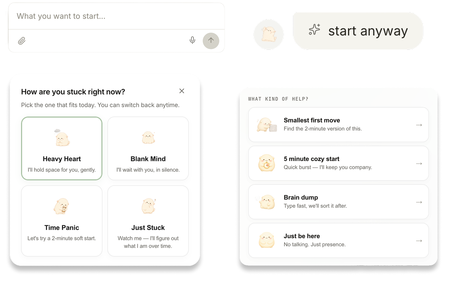The shipped profile picker: &lsquo;How are you stuck right now?&rsquo; with the four profiles as selectable cards