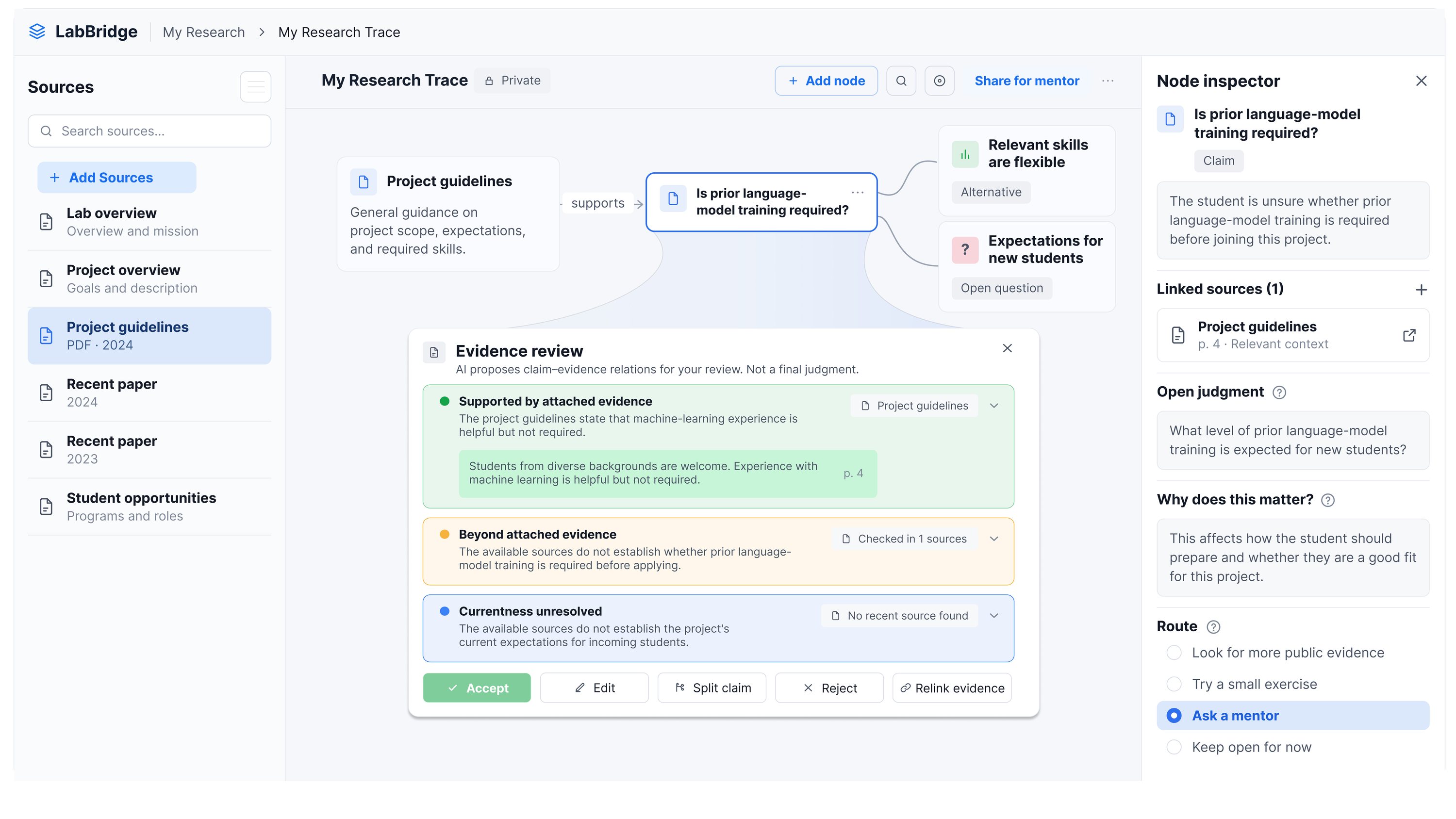 LabBridge system overview in three stages: private preparation, where a student organises evidence into a research trace with AI support; selective uncertainty handoff to a lab insider; and returned insider input with the student&rsquo;s revision