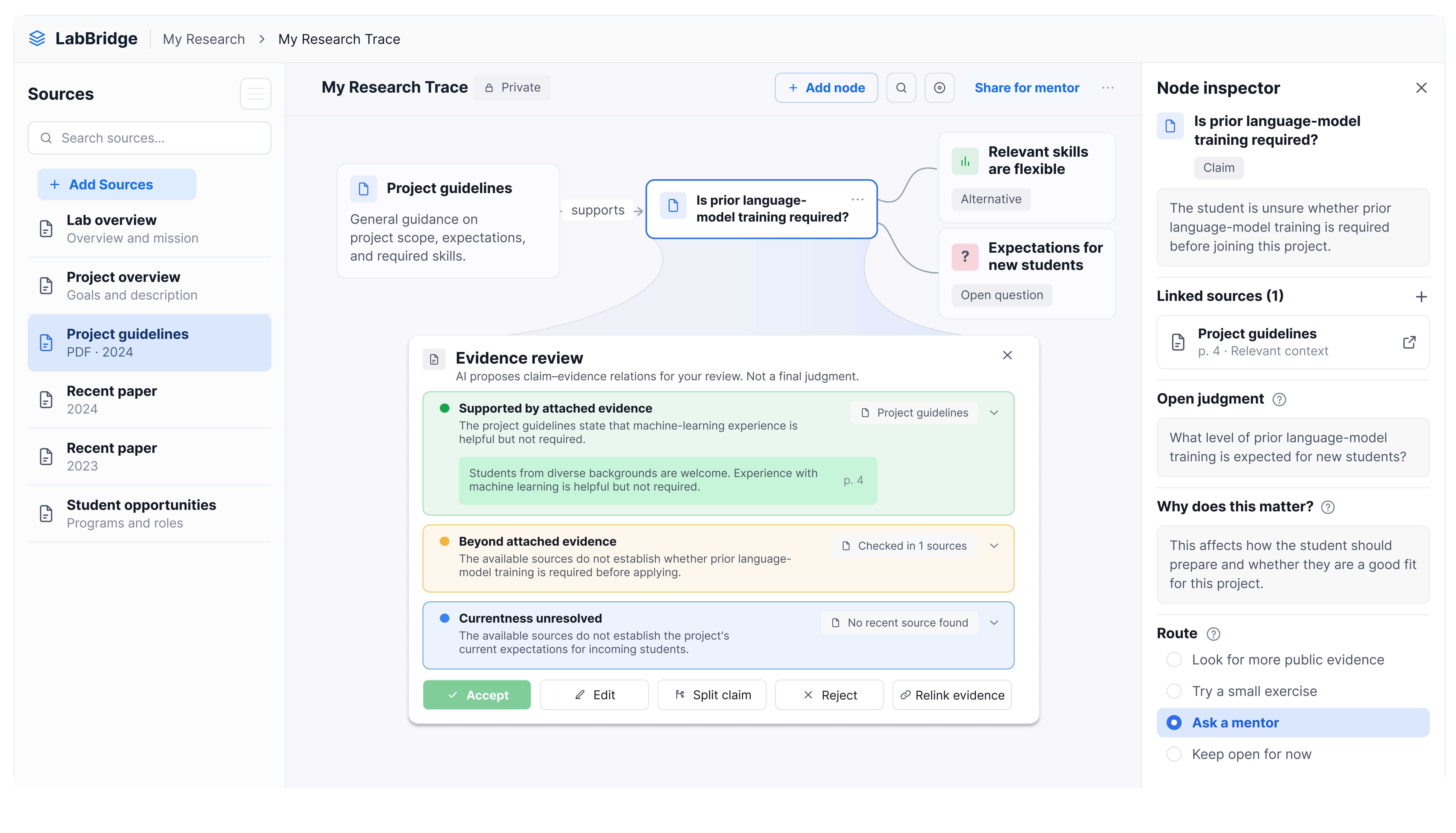 Evidence-bounded judgment construction: a source excerpt linked to a student claim, an AI-proposed boundary and a student-confirmed open judgment