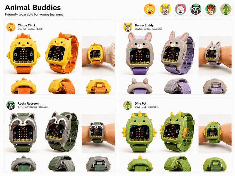 Animal Buddies concept board: animal characters surrounding a visible micro:bit. Proposed after evaluation; not user-tested.