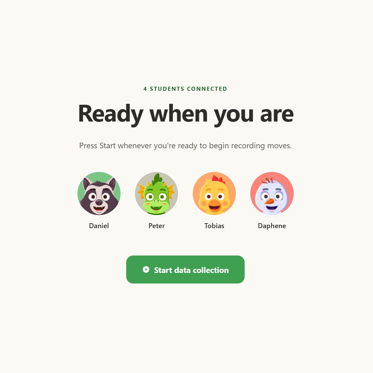 MoveML classroom display: four students connected and ready, with the teacher's &lsquo;Start data collection&rsquo; control