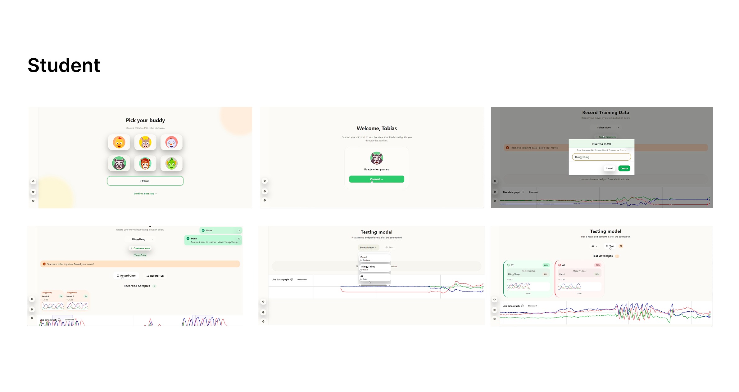 Prototype, student view: six screens covering joining a session, naming a gesture, collecting samples, waiting for training and testing a movement against the shared model.