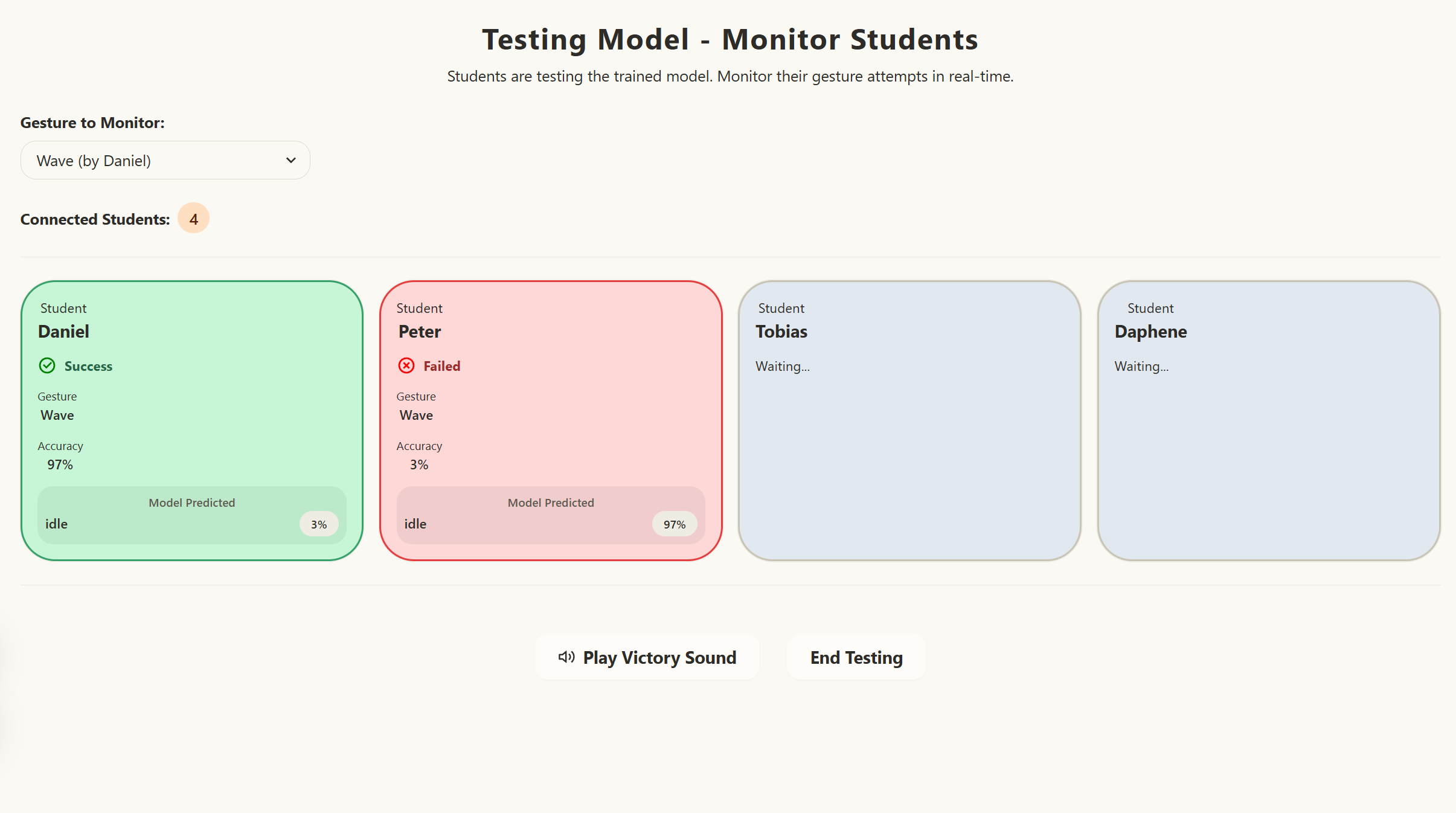 Teacher testing view: successful, failed and waiting states remain visible together. Prototype interface values are illustrative, not evaluation metrics.