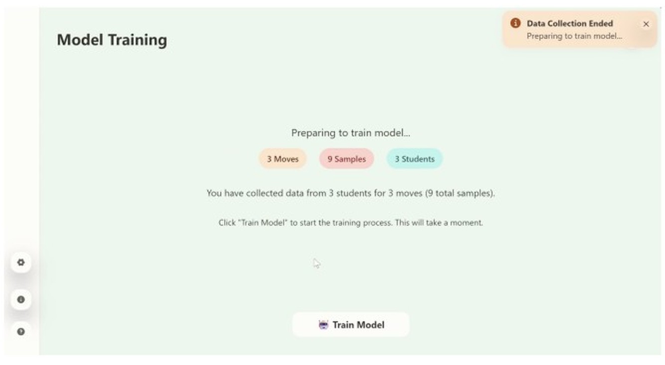 Teacher screen: data collection has ended, showing three moves, nine samples and three students, with a Train Model button.