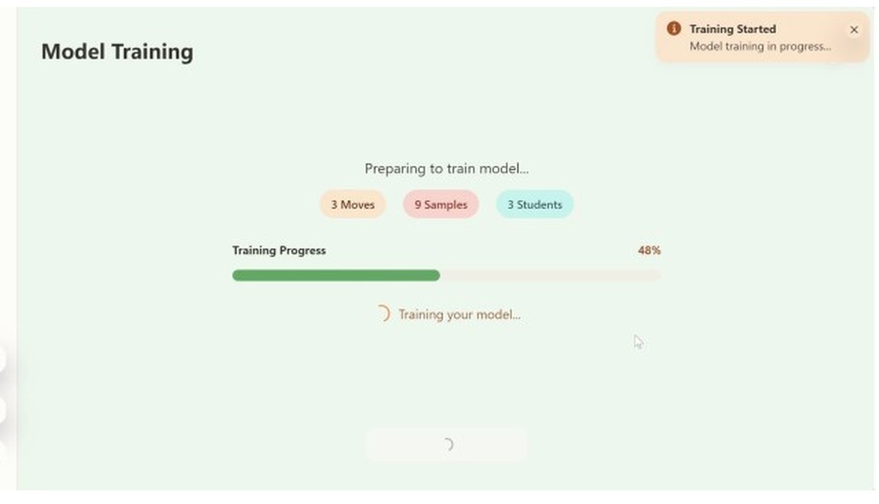 Teacher screen: training in progress, with a progress bar at 48 per cent.