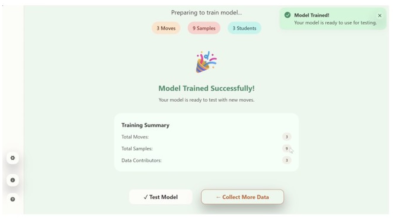 Teacher screen: model trained successfully, with a training summary of total moves, total samples and data contributors, and buttons to test the model or collect more data.