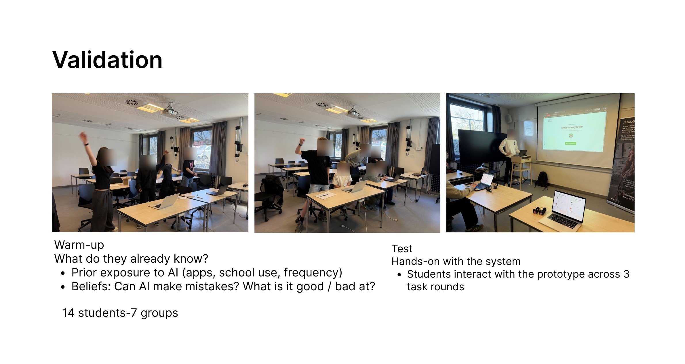Validation: three photographs of the classroom sessions, with the protocol. A warm-up established what the children already knew about AI, then they tested the system across three task rounds. Fourteen students in seven groups.