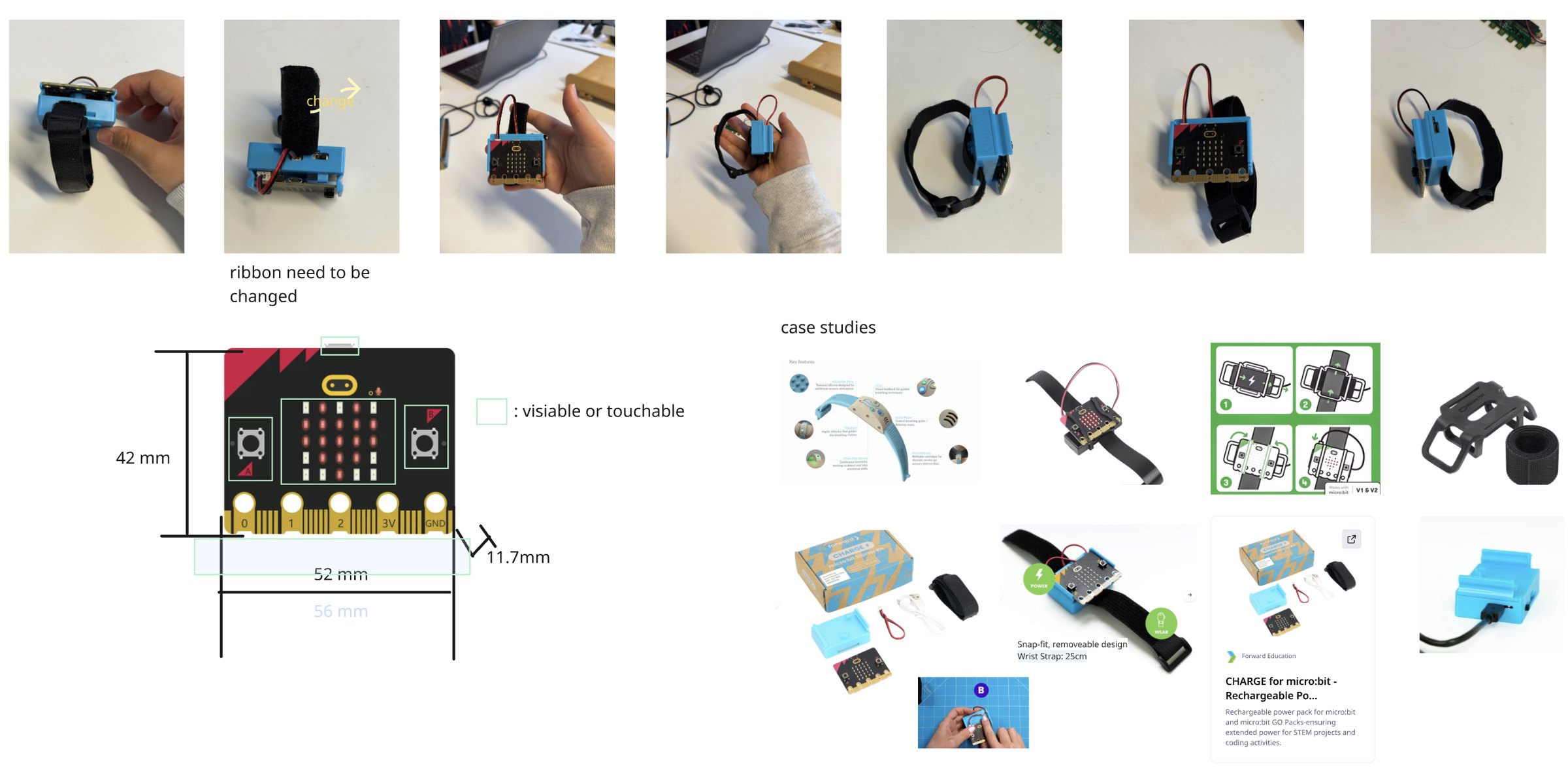 Original exploration board: wristband fit, micro:bit access and reference products. Reference products are not claimed as my designs.