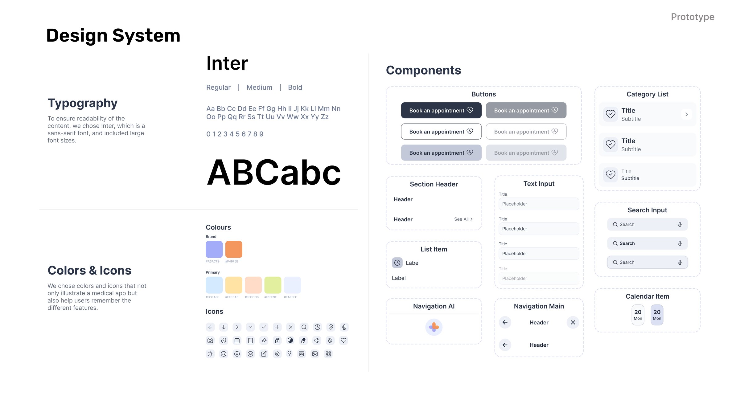 Design system: Inter typeface in regular, medium and bold at enlarged sizes for readability, a colour palette illustrating a medical app while helping users remember features, an icon set, and components including buttons, list items, text inputs, search, navigation and calendar items