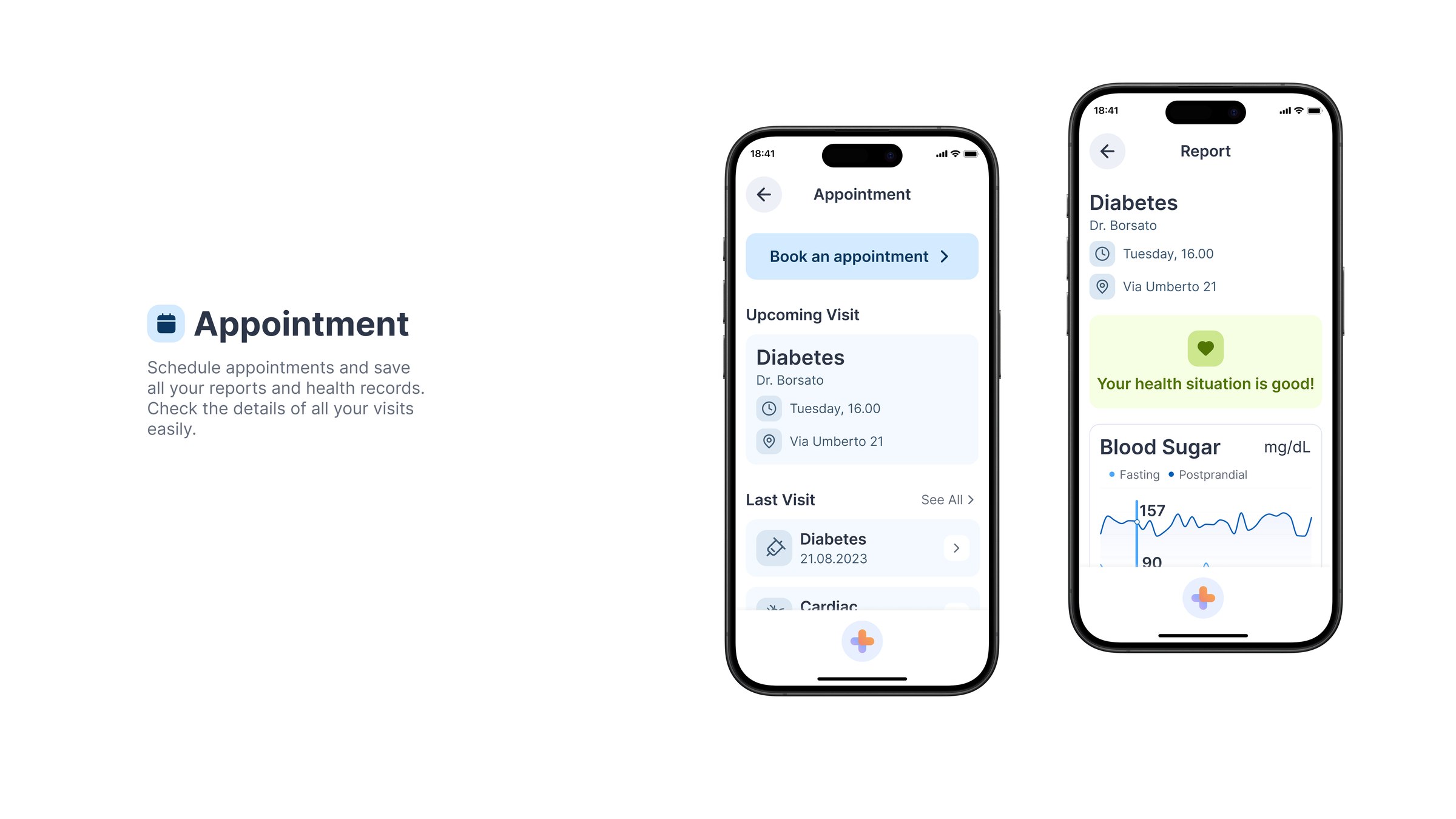 Appointment: schedule appointments and save health records, with an upcoming visit, past visits and a report screen showing the health situation and blood sugar trend