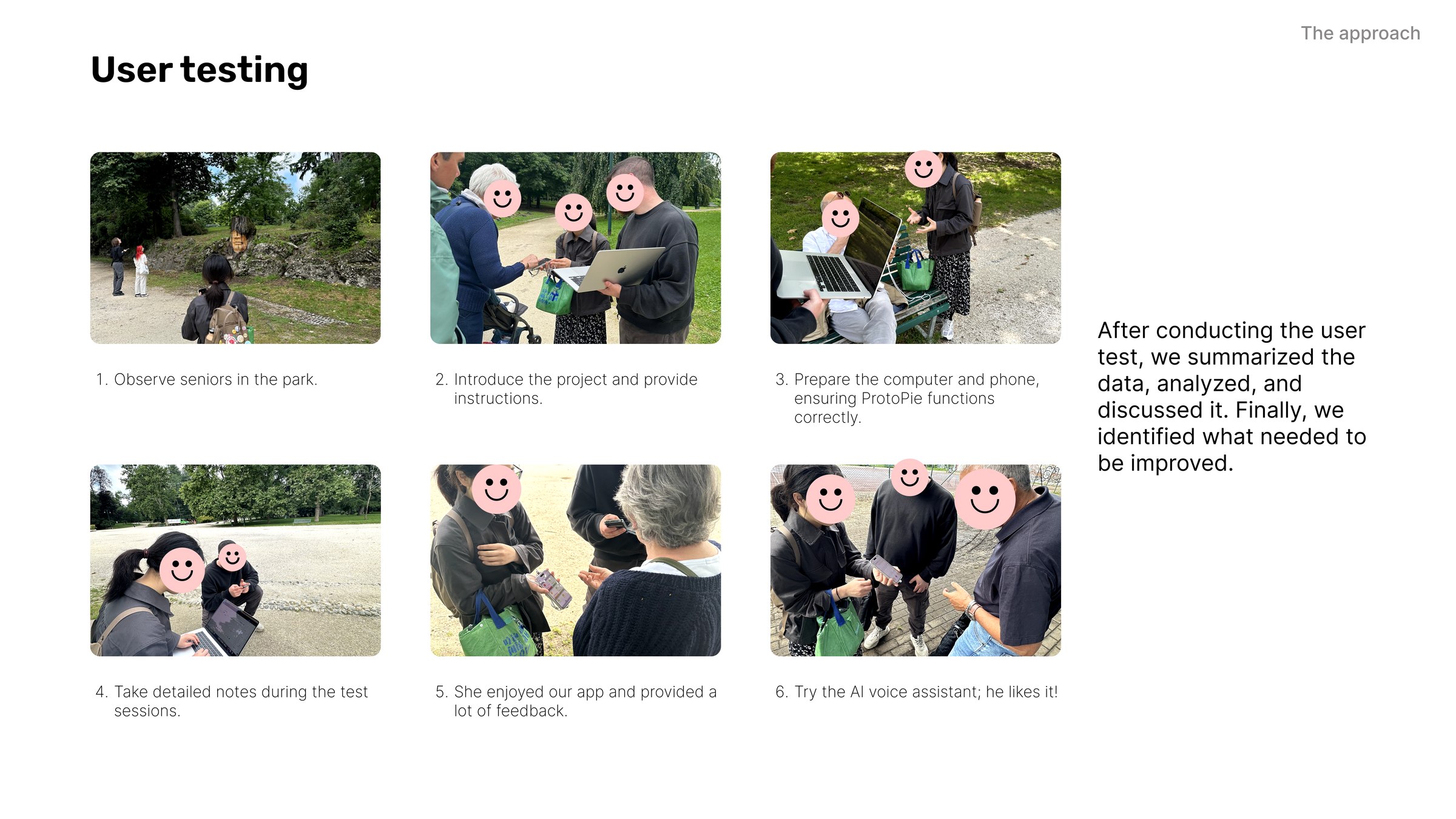 User testing board: six steps of testing with seniors in a park, with photographs of each