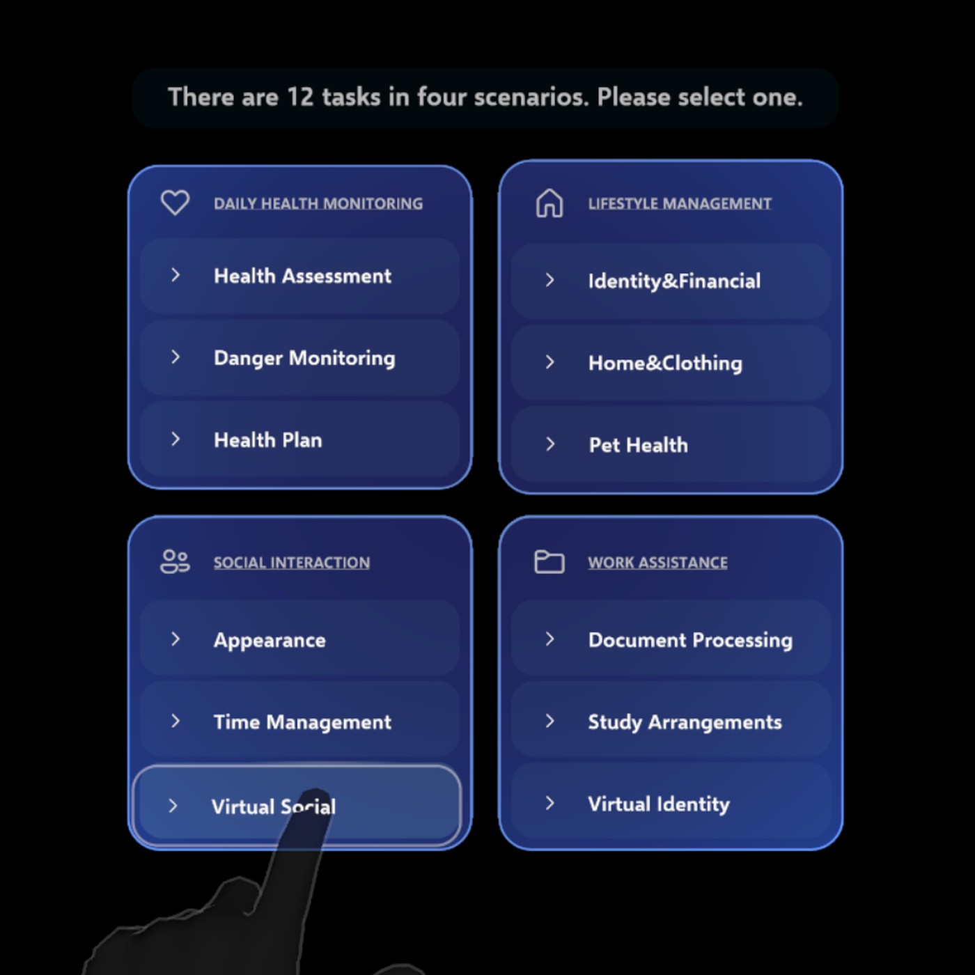PriVis, the study platform: a menu of twelve tasks across four scenarios, shown in the headset