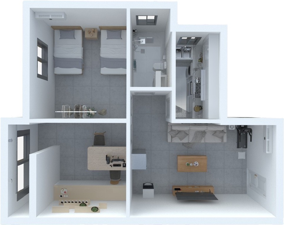 Cutaway plan of the simulated flat used for the study: bedroom, living room with sofa and television, kitchen and bathroom
