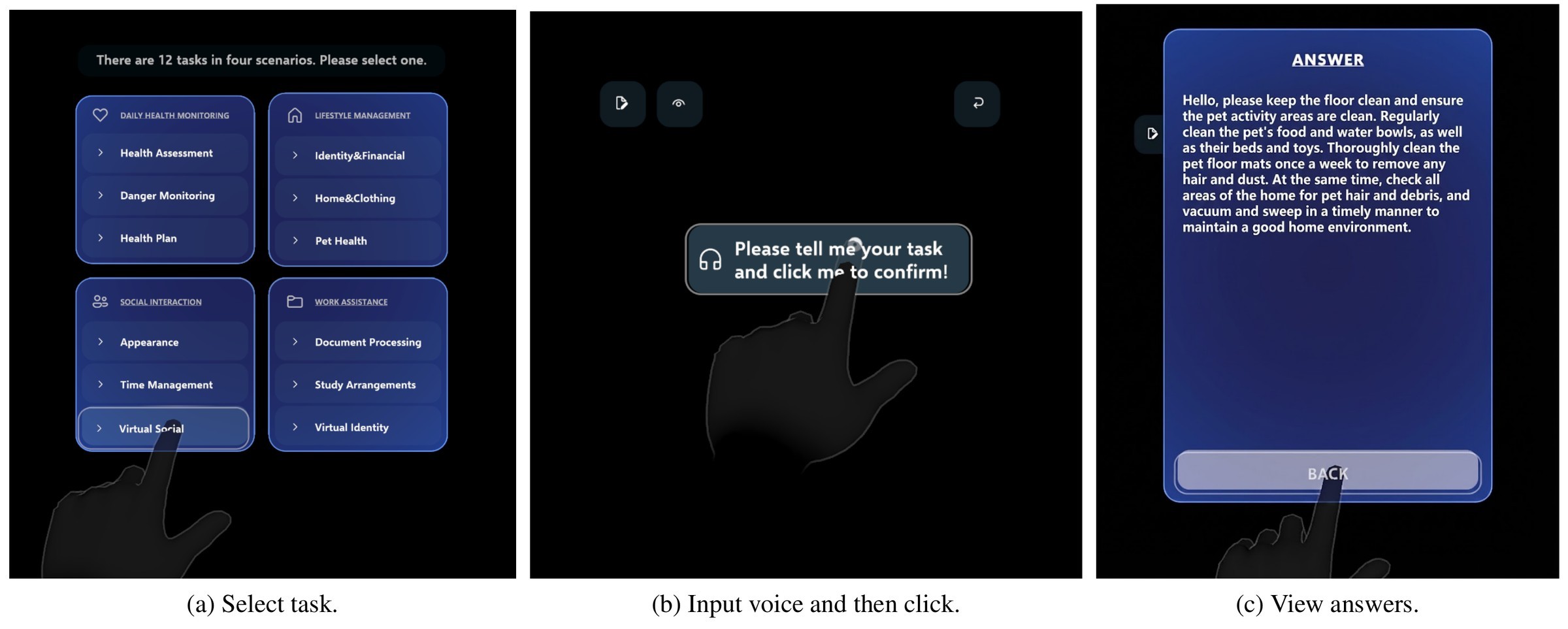 Three screens from the study platform: a menu of twelve tasks across four scenarios, a voice-input prompt, and an answer panel